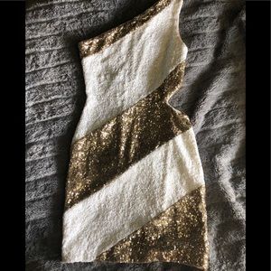 Bebe White and Gold Sequin One Shoulder Dress